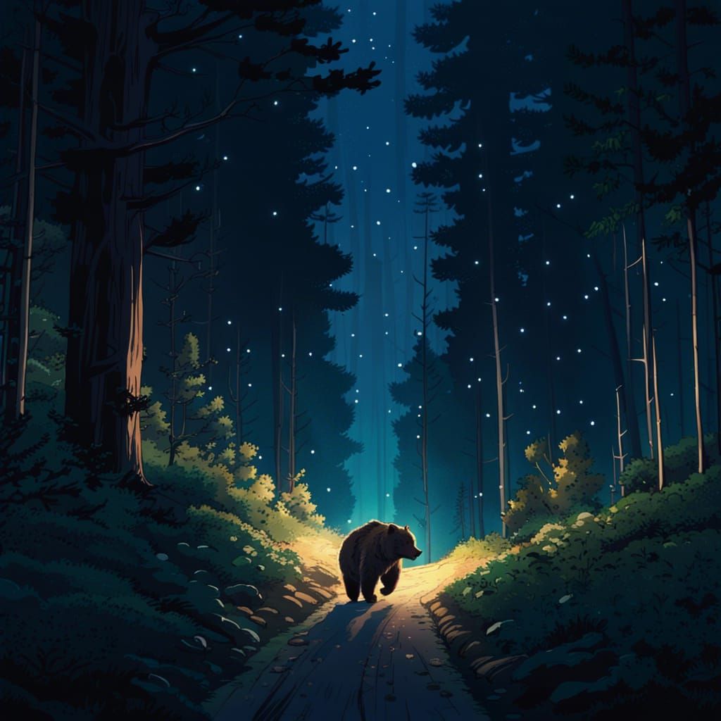 Grizzly Bear in Woods: Studio Ghibli Anime Visual