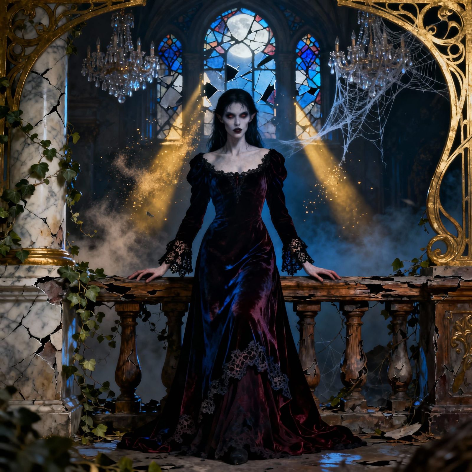 Gothic Vampire in Decaying Ballroom, Pre-Raphaelite Style