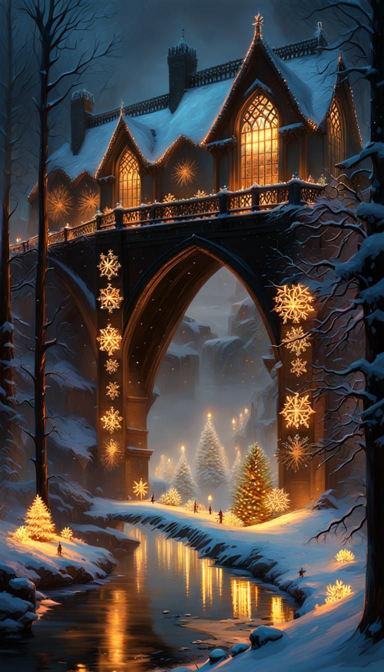 Gothic Christmas Snowflakes with Fireflies in Baroque Style