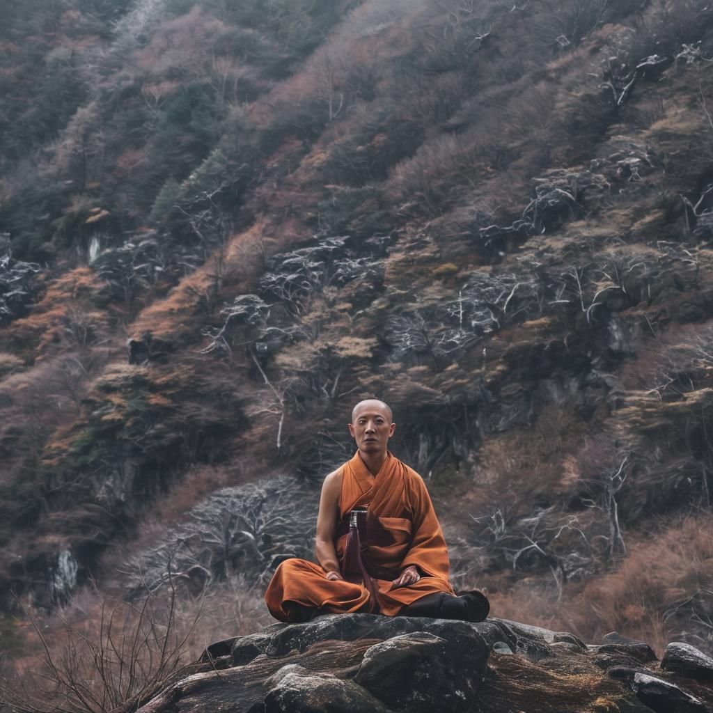 Zen Monk Meditating in Winter Mountain Landscape