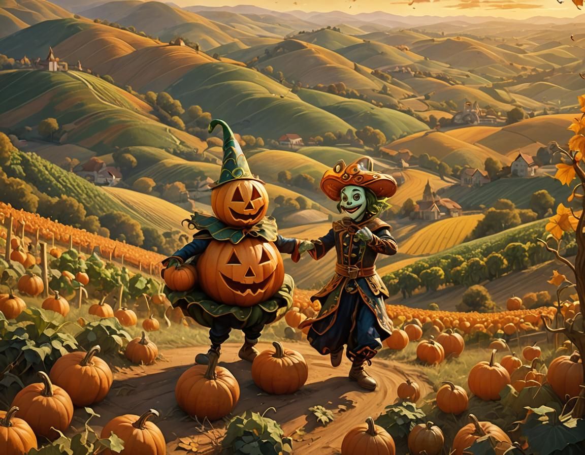 Whimsical Gourd Jester Dances in Dreamy Landscape
