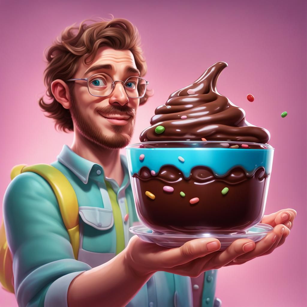 Man Holding Chocolate Pudding in Candy Art Style