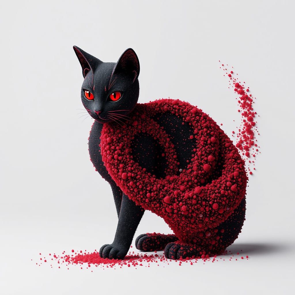 Majestic Anime-Style Black Cat in Intricate Sand Dots