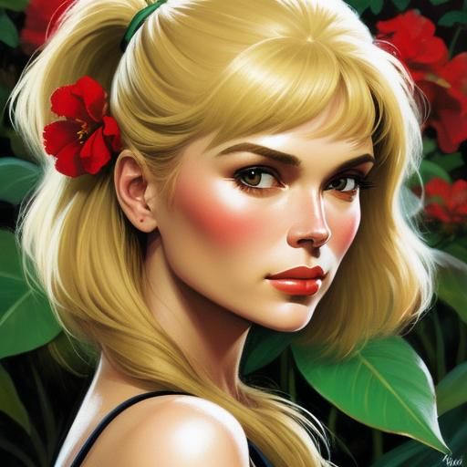 Nina Persson in the jungle with red flowers