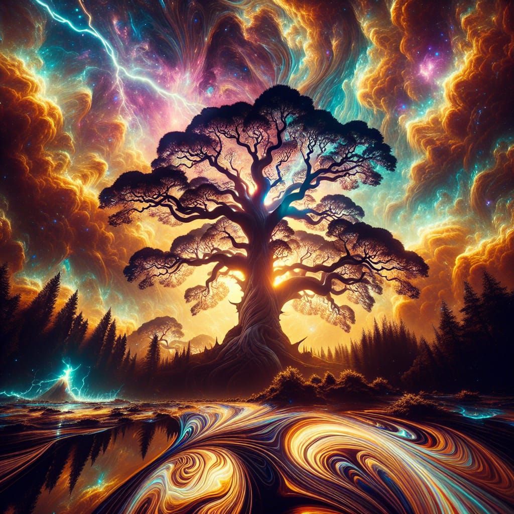 Cosmic Kauri Tree with Plasma Aura