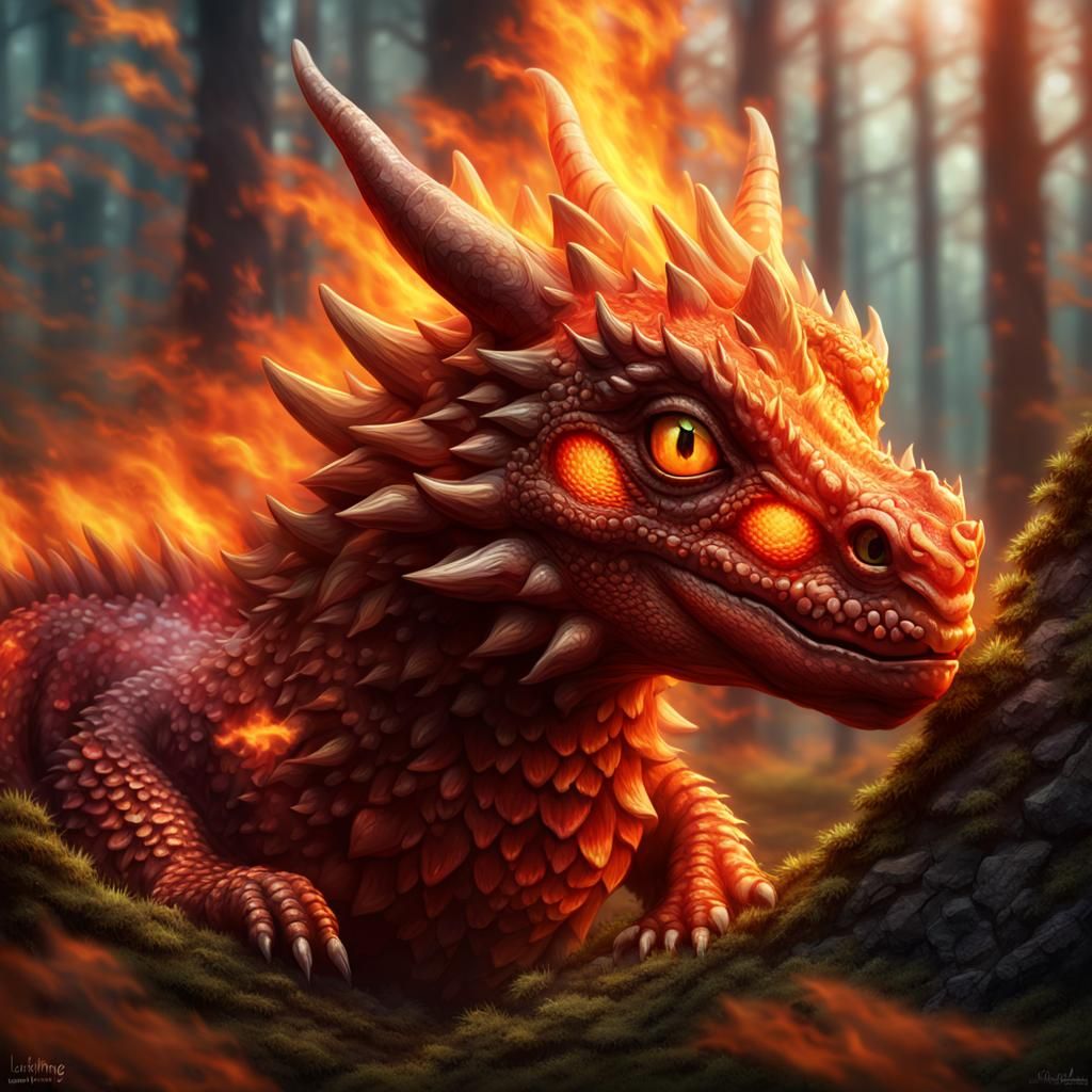 Adorable Fire Dragon Running Through Fantasy Forest