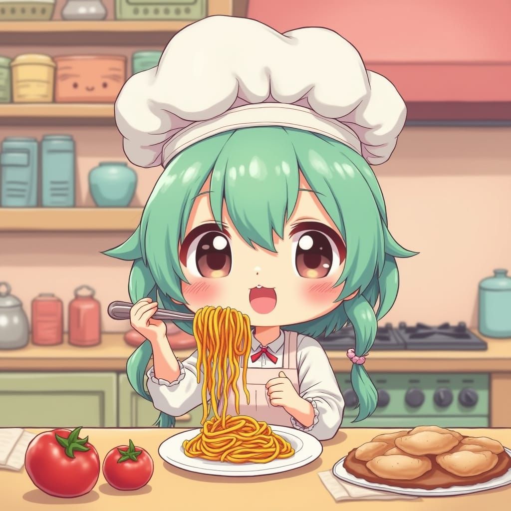 Cute Bear Chef Eating Spaghetti, Kawaii Style