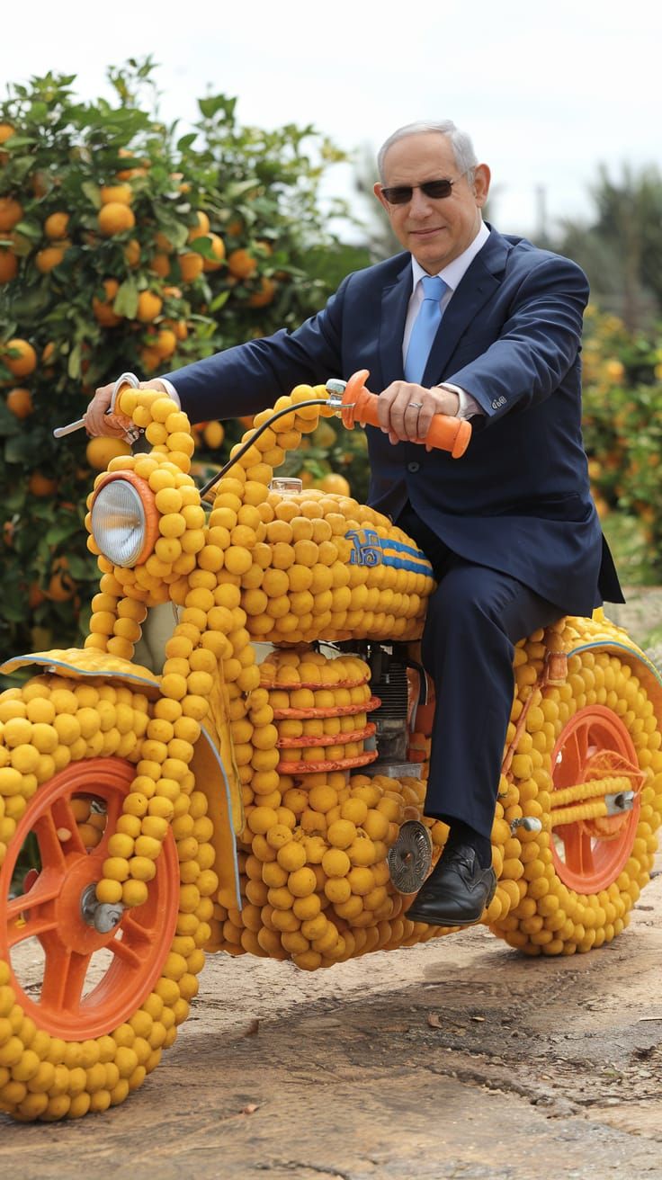 Netanyahu Rides an Orange Motorcycle in Citrus Grove