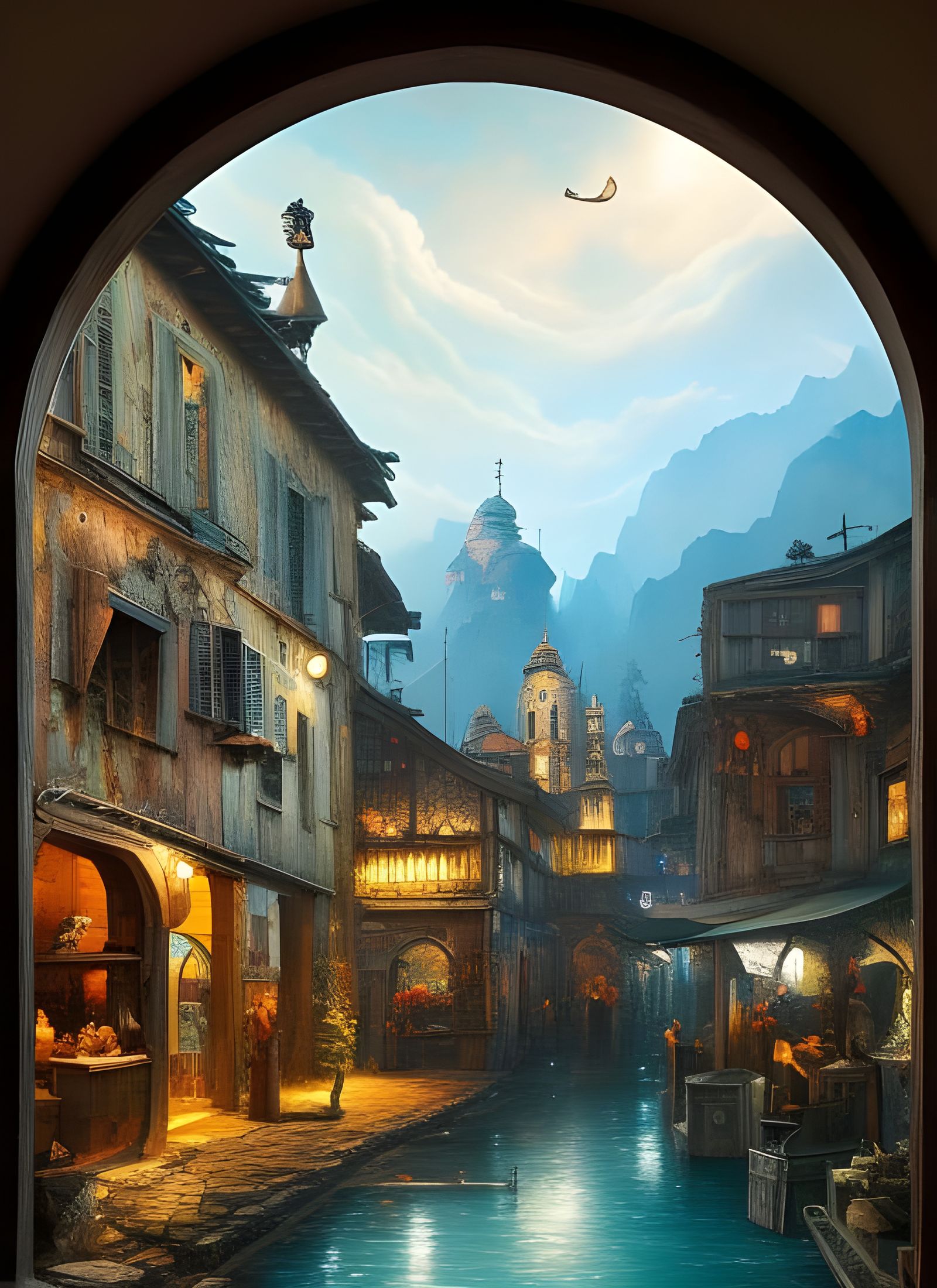 Astronaut in Medieval Market Square: Sci-Fi Art