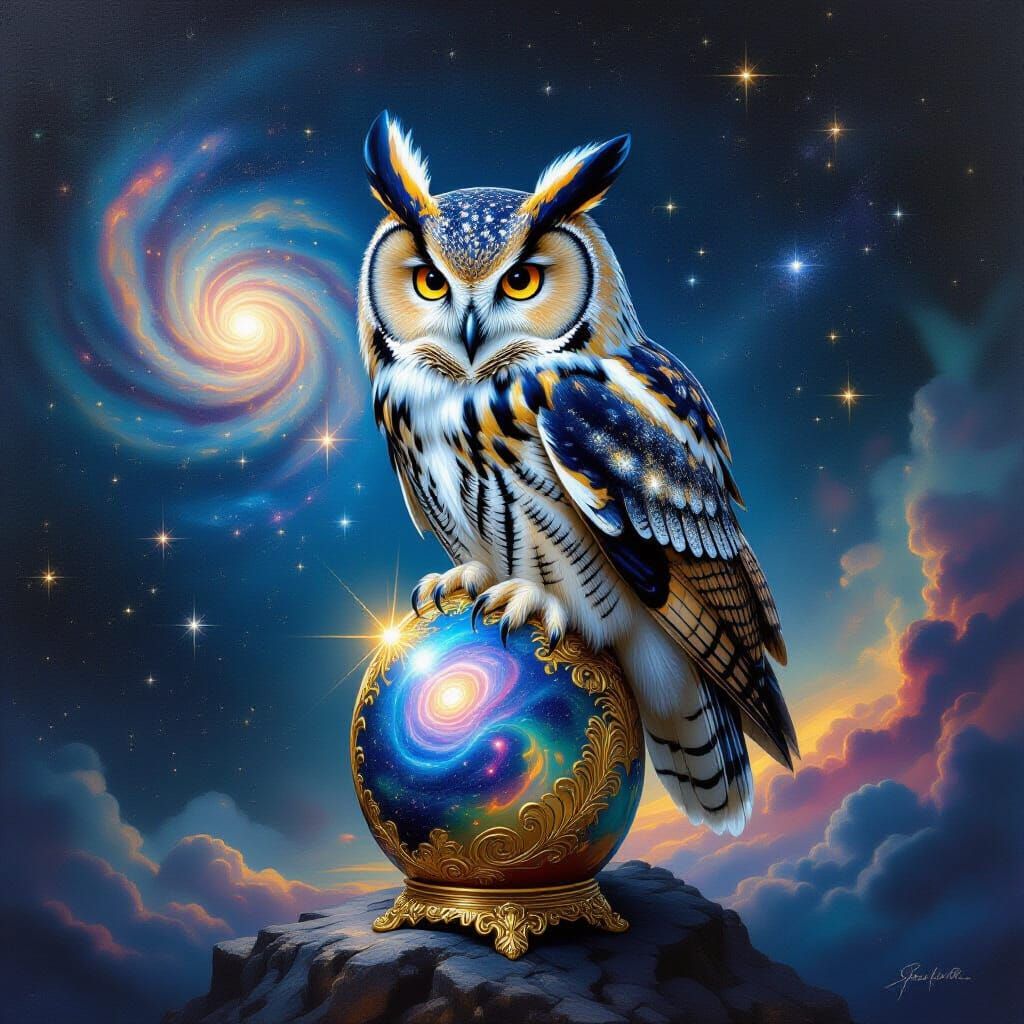 Cosmic Owl on Fabergé Egg in Oil Painting Style