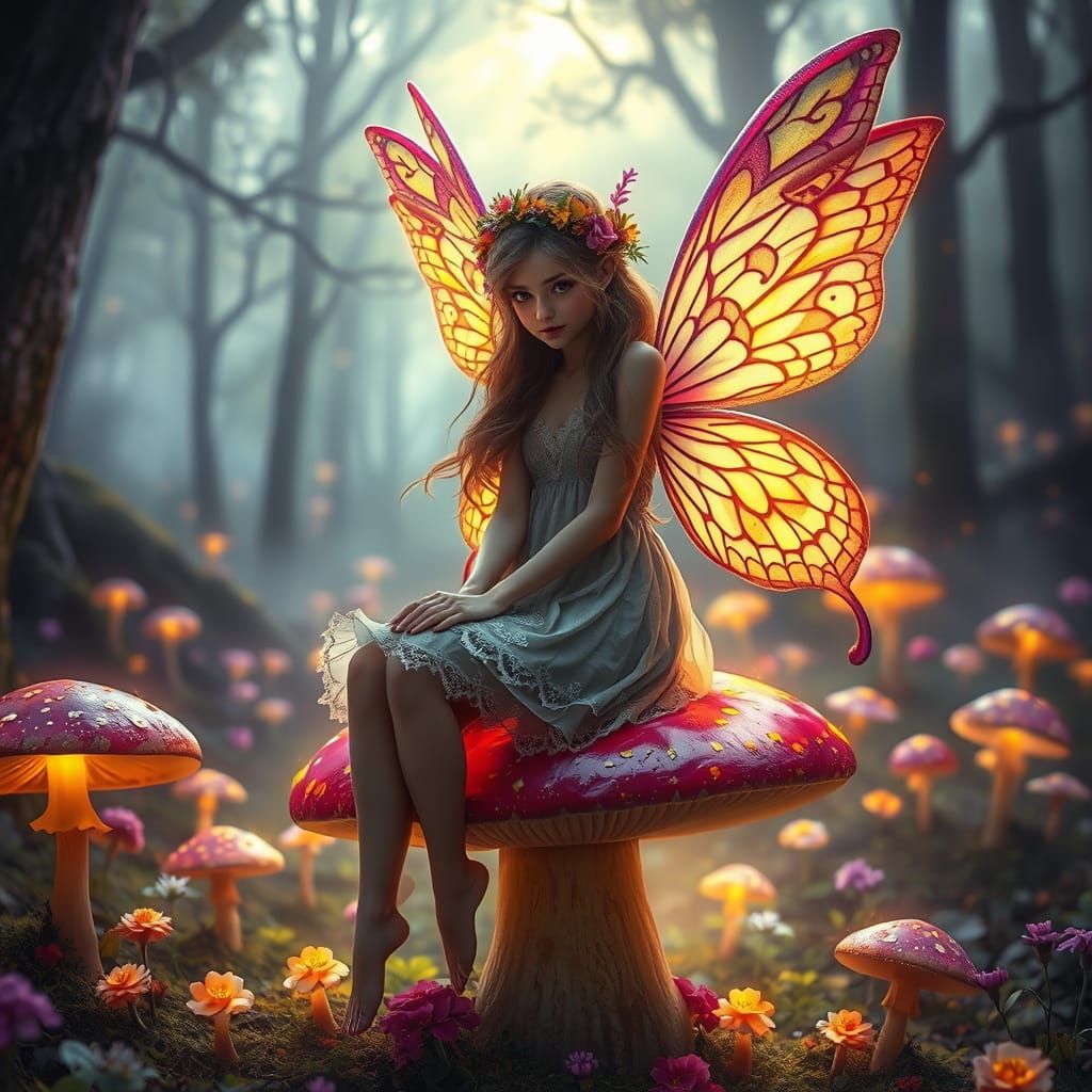 A photorealistic, hand-drawn image of a fairy sitting on a t...