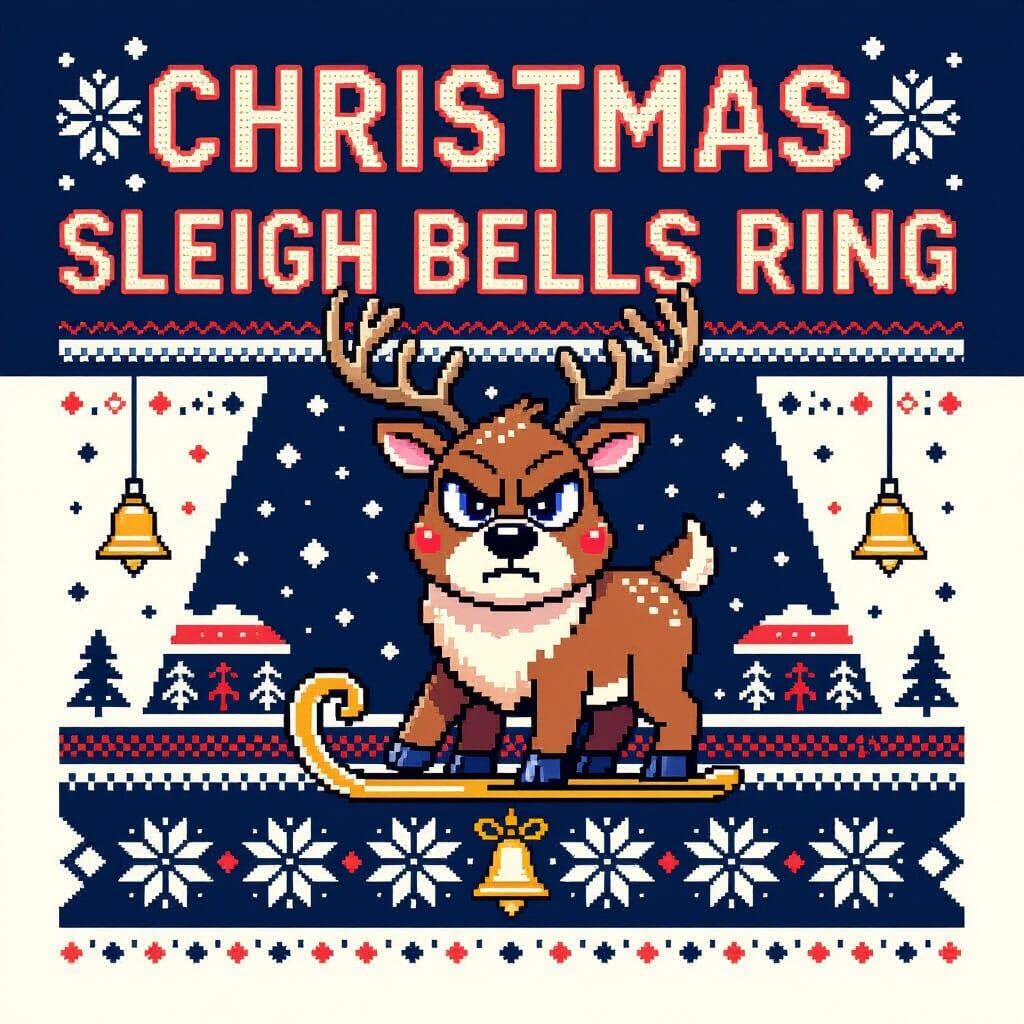 Pixel Art Christmas Sweater Design with Grumpy Reindeer