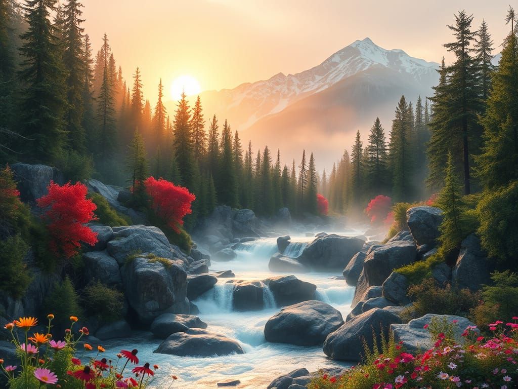 Mountain River's Gentle Awakening in Soft Pastels