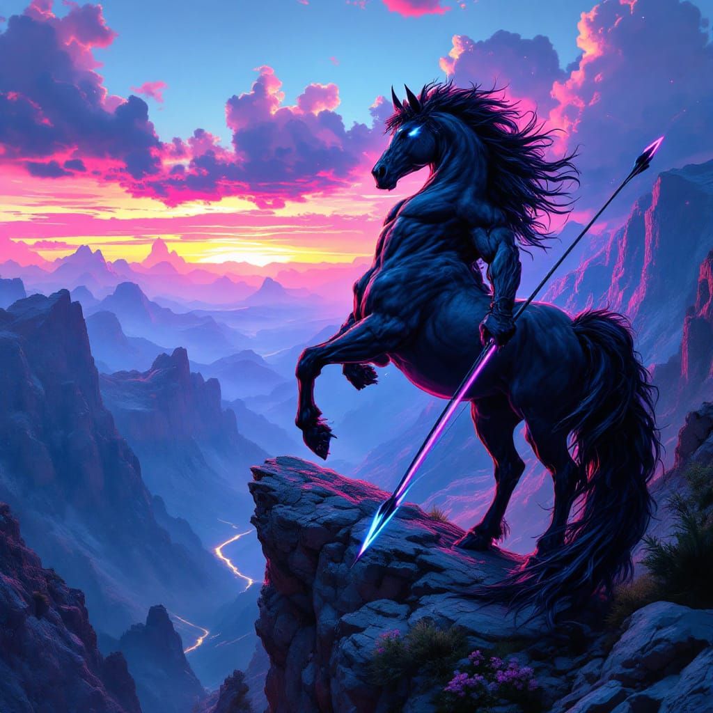 Heroic Centaur with Neon Bow in Synthwave Style