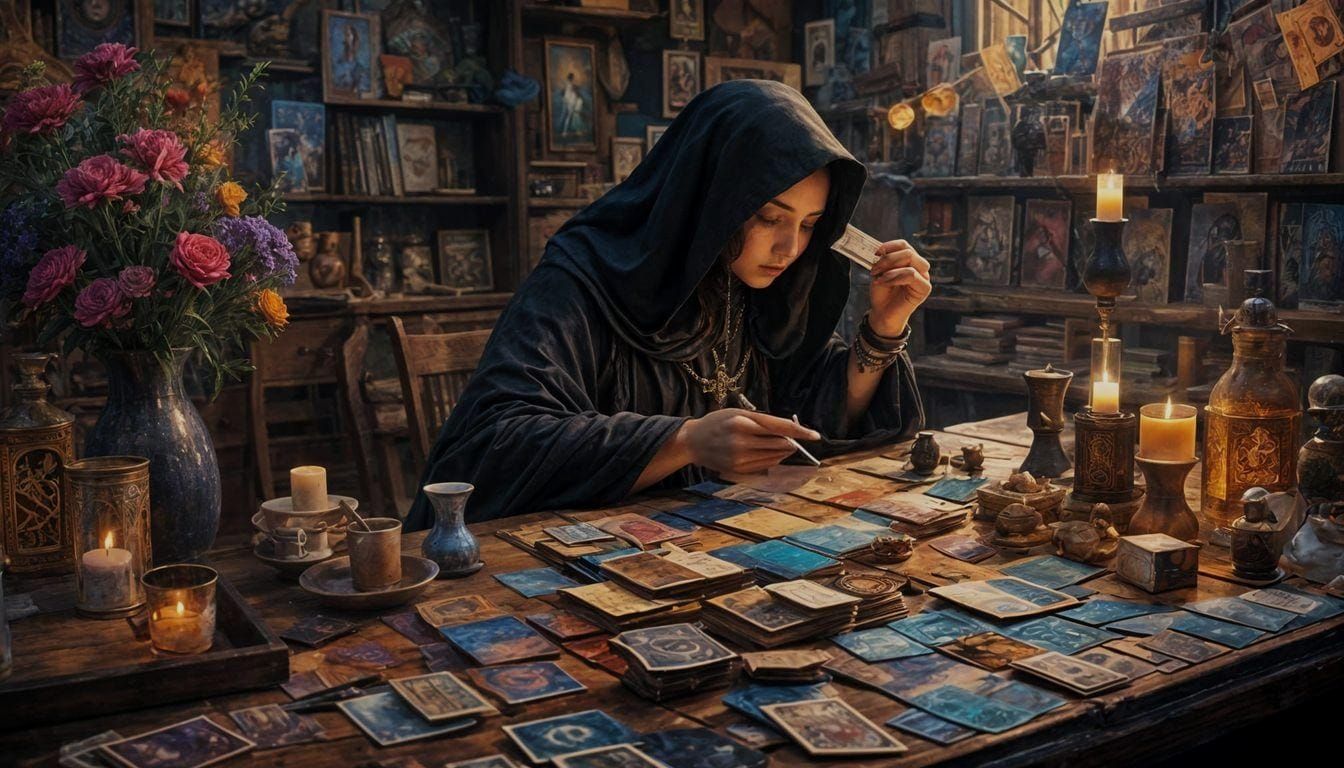 Arcane Woman Reading Tarot Cards, Fantasy Concept