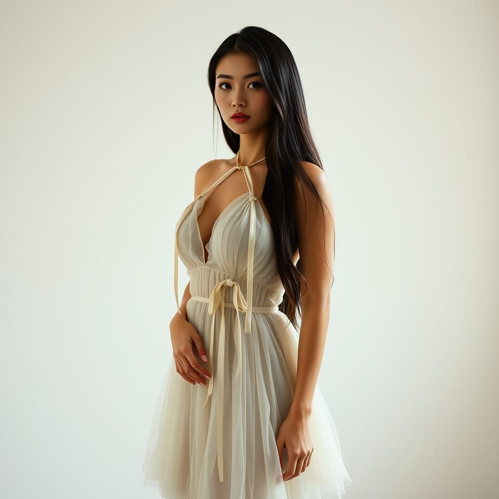 Vietnamese Model in Tulle Dress, Athletic Physique