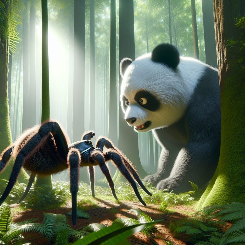 Furious Panda Faces Spider in Lush Forest