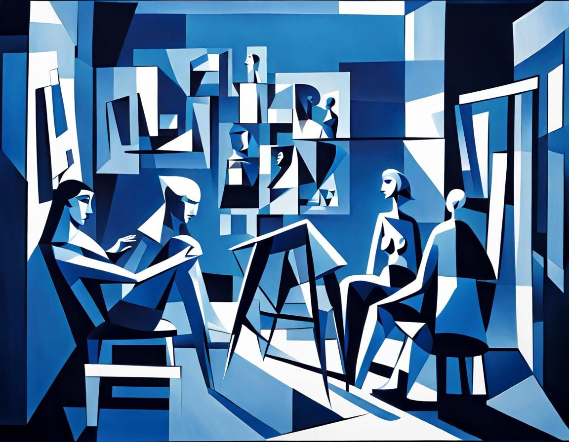 Blue Cubist Painting of Artist in Studio