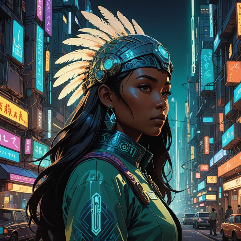 Dark Skinned Woman in Futuristic Aztec Schoolgirl Uniform