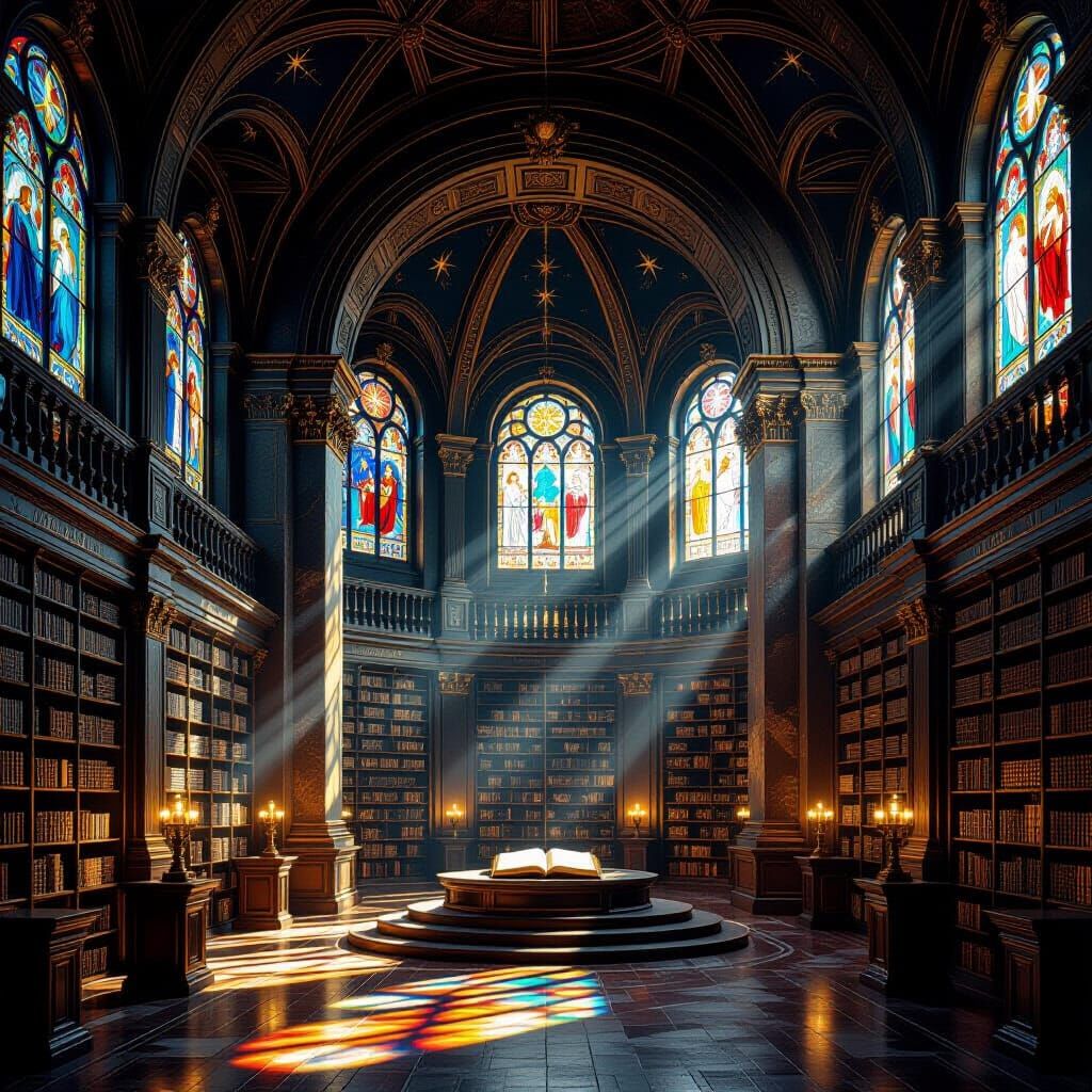 Ancient Library with Glowing Books and Gravity-Defying Arch