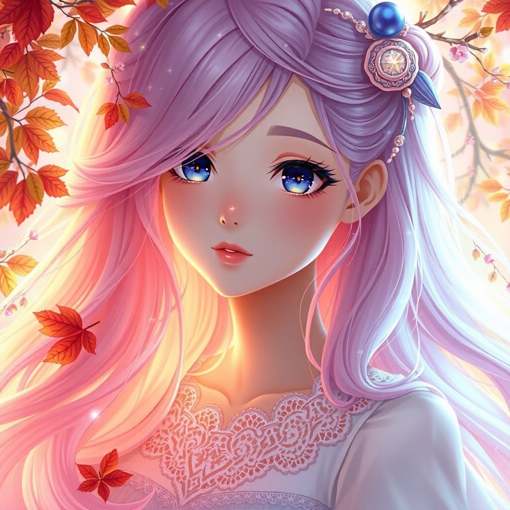Anime Woman with Iridescent Pink Hair in Autumn Setting