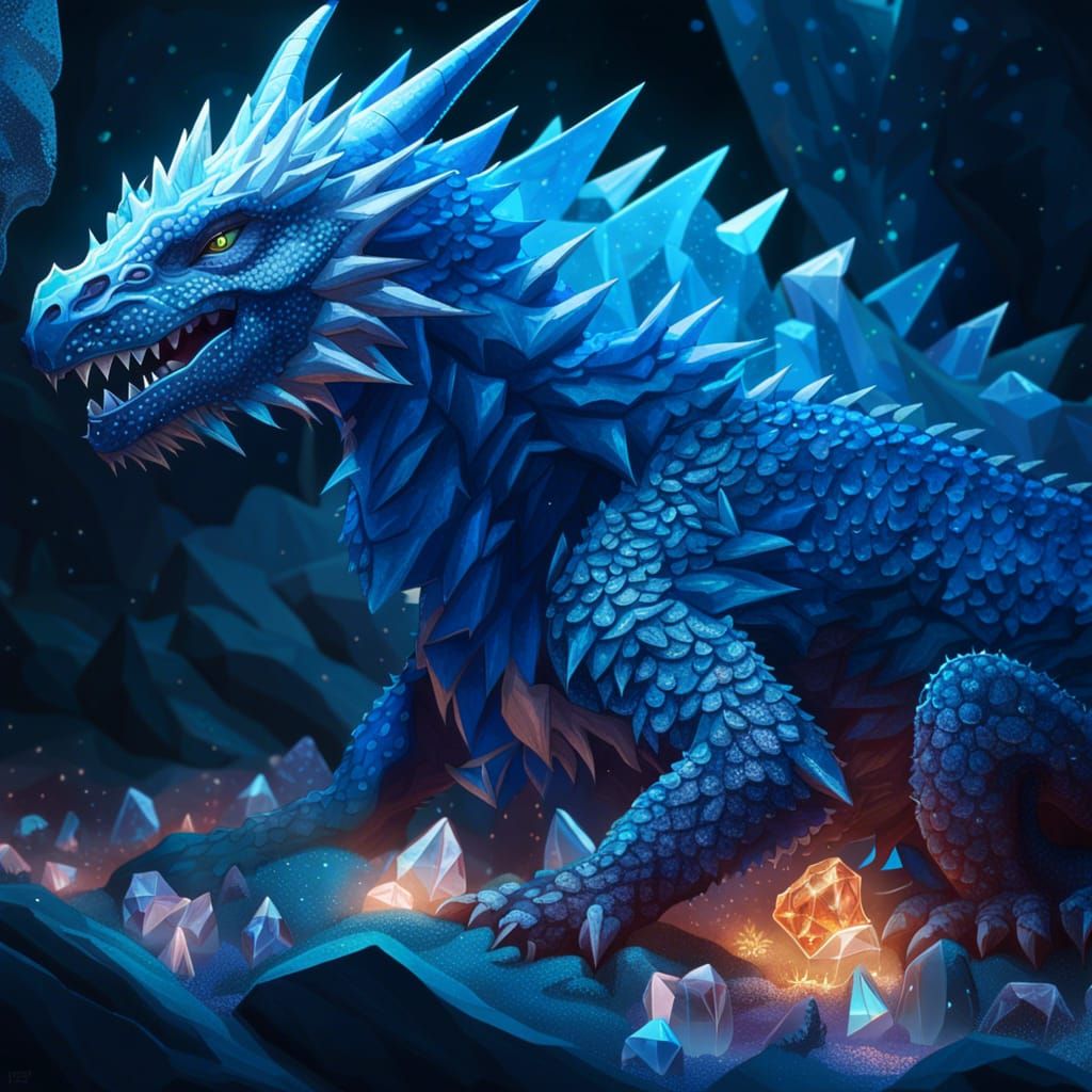 Crystalline Dragon Portrait in Bioluminescent Cave