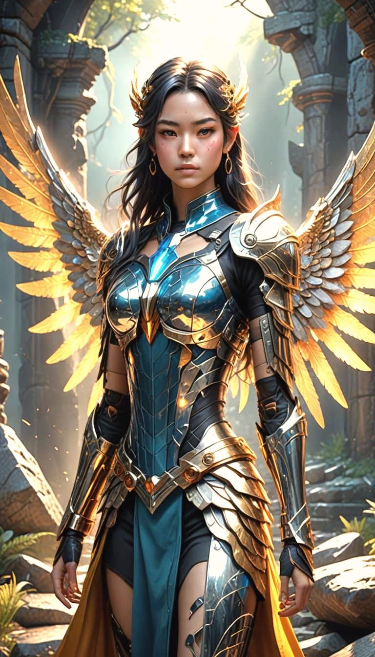 Yae Miko with Chrome Wings, Metallic Maximalist Art