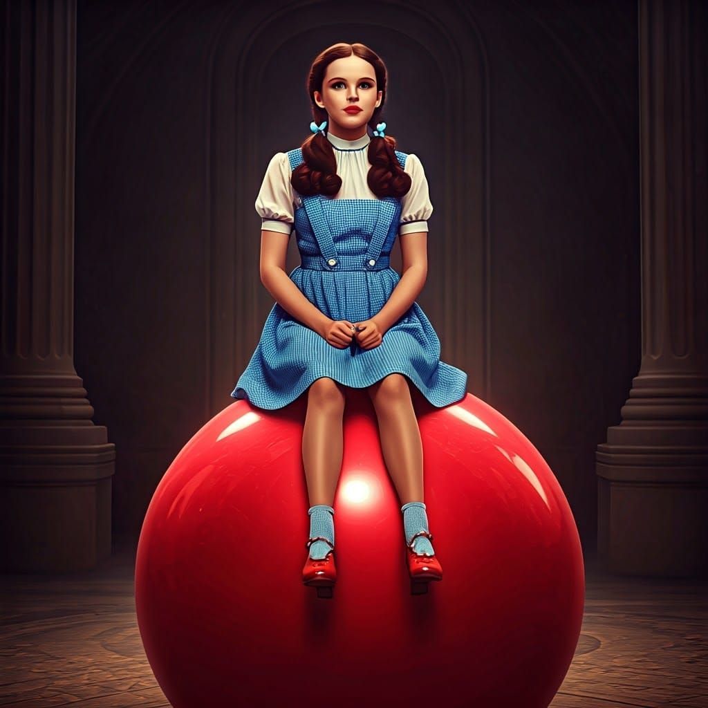 Dorothy Gale Bouncing on Red Ball, Hyperrealistic Style