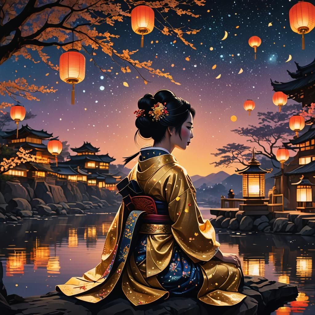 Geisha Silhouette at Lantern Festival in Vibrant Surrealism