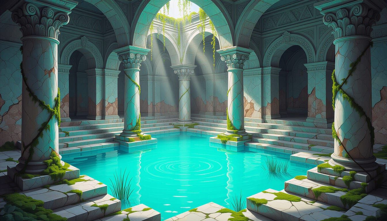 Abandoned Temple with Turquoise Pools, Sunbeams