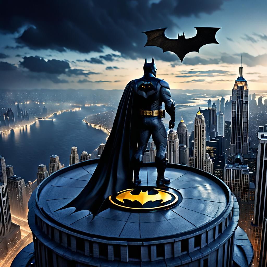 Batman on Gotham Building with Bat Signal in Hyperrealism