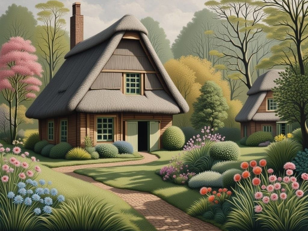 North Frisian House with Spring Garden, Watercolor Style