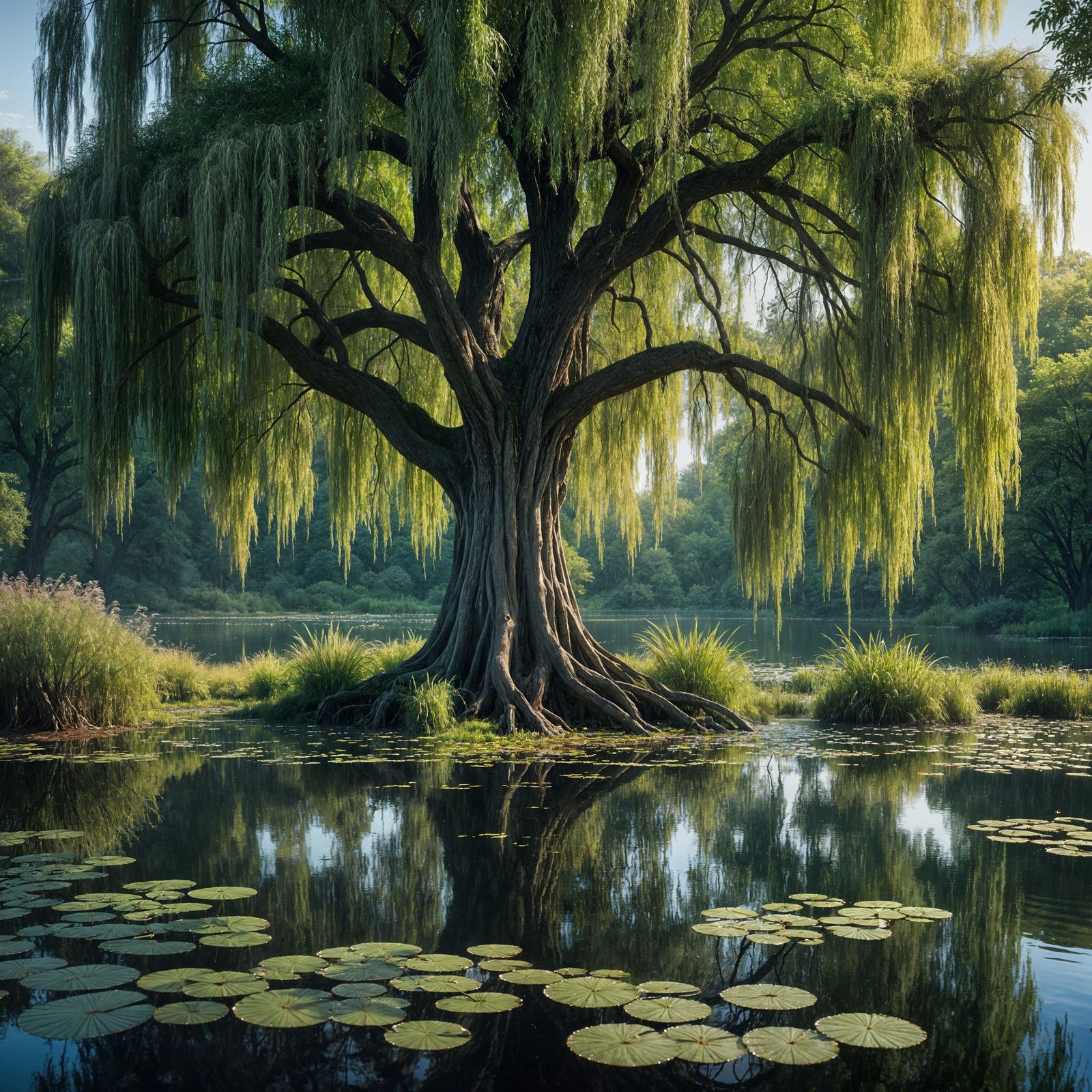 Weeping Willow Tree by Calm Lake in Forest