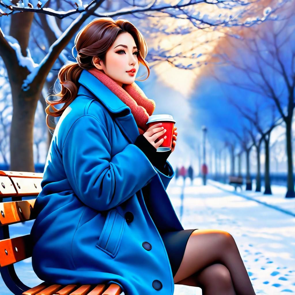 Anime Portrait: Woman with Coffee on Park Bench