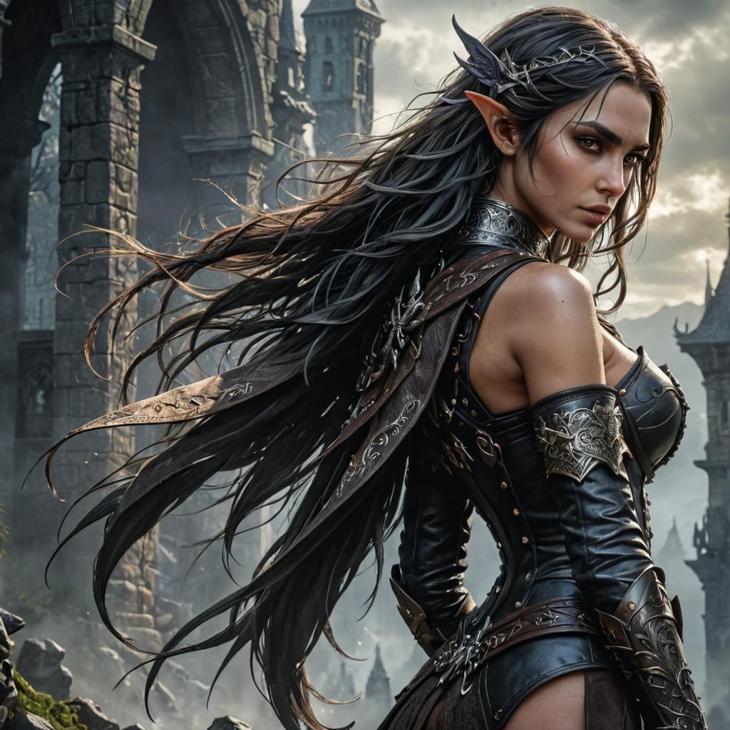 Confident Elf at Shrine: Hyperrealistic Fantasy Art