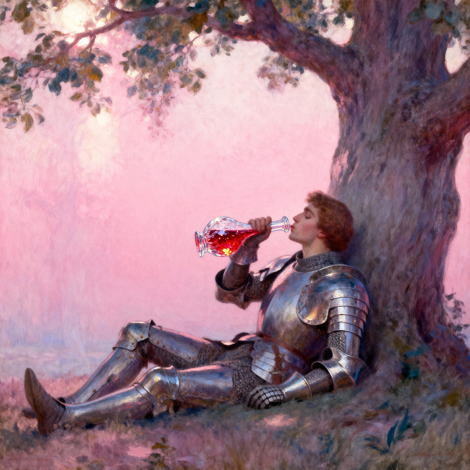 Knight Resting Under Ancient Tree, Drinking Red Fluid