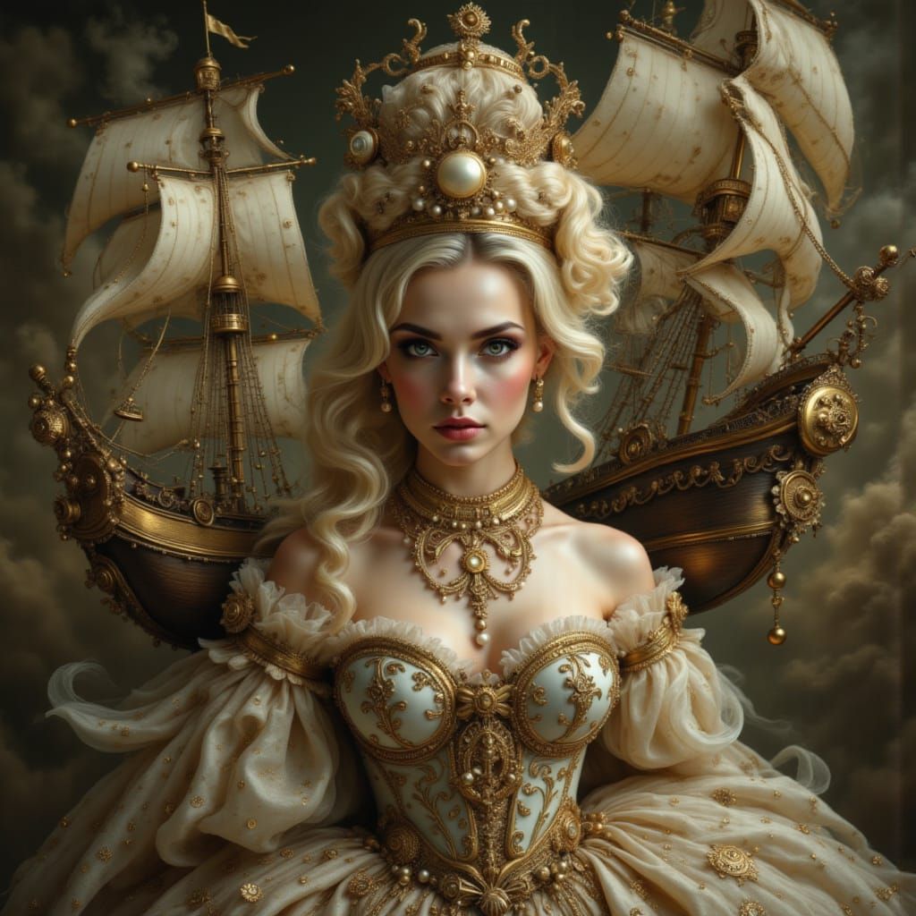 Marie Antoinette Steampunk Ship Portrait in Baroque Style
