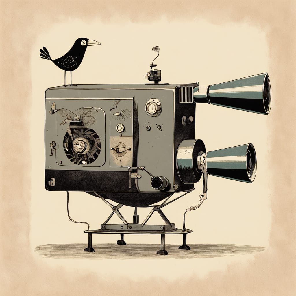 Vintage Mechanical Movie Projector with Whimsical Birdy Acce...