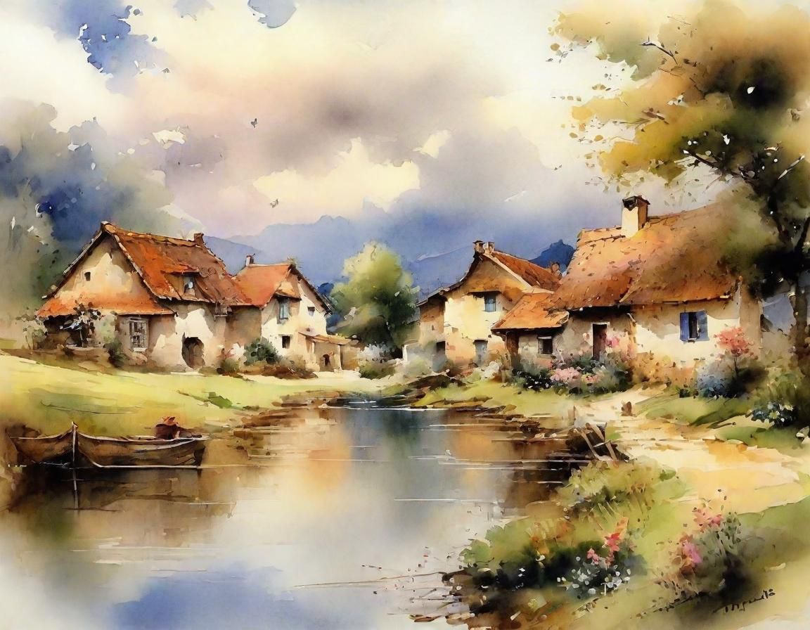 Rural Village in Impressionist Watercolor Style