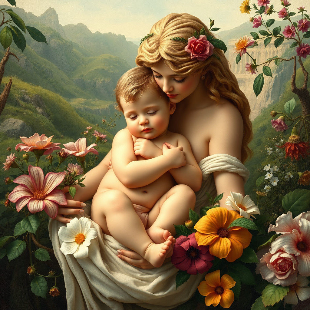 Aphrodite and Baby Adonis in Greek Landscape