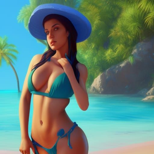Attractive Latina Mom on Tropical Beach, Art Nouveau