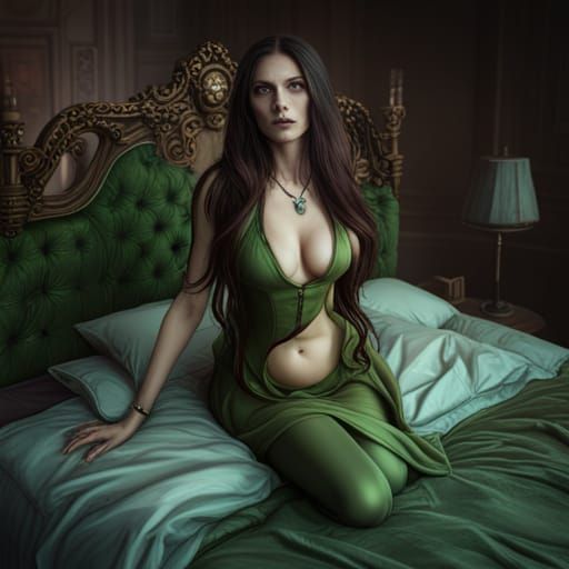 Gothic Woman with Green Hair in Bed