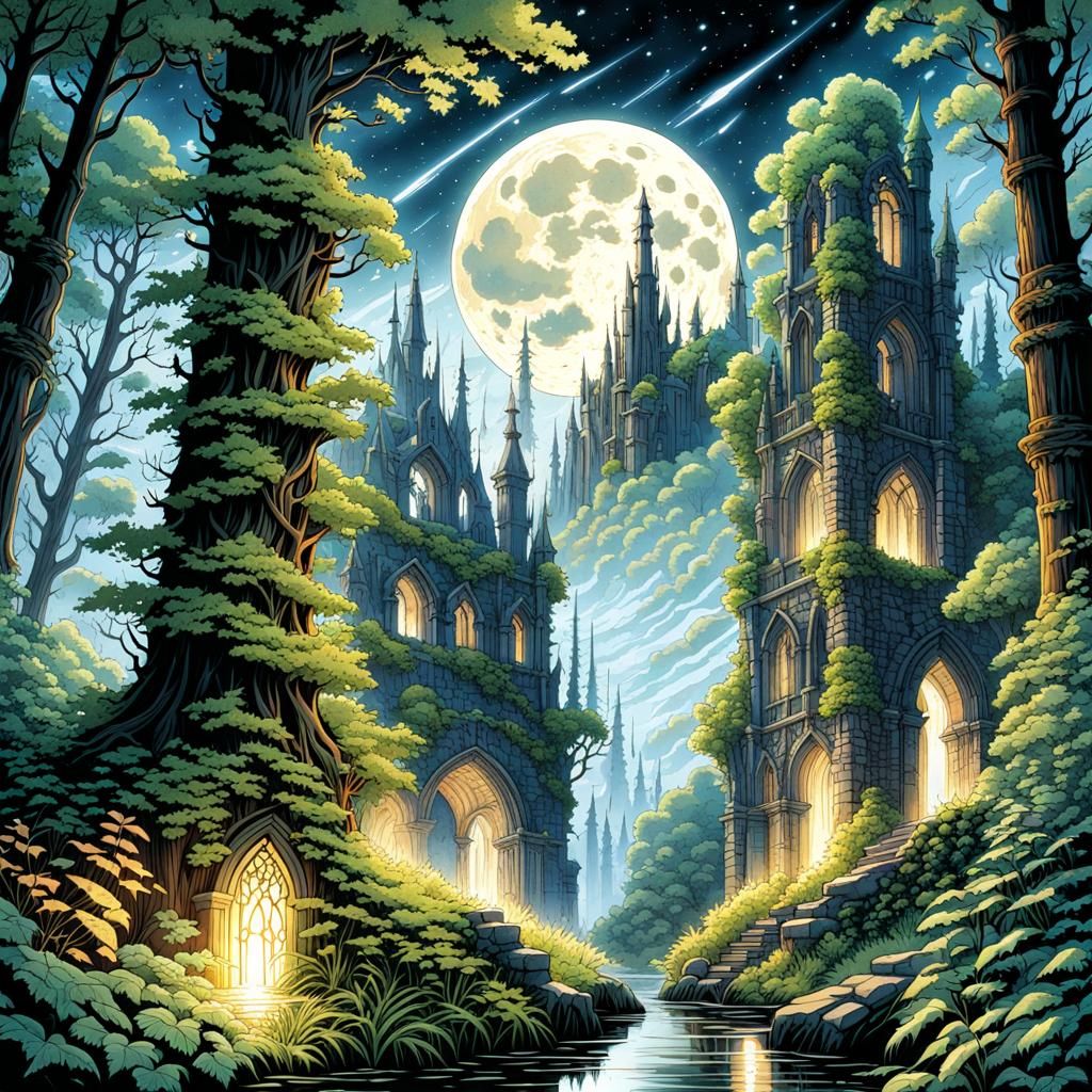 Gothic Stone Ruins in Forest with Watercolors