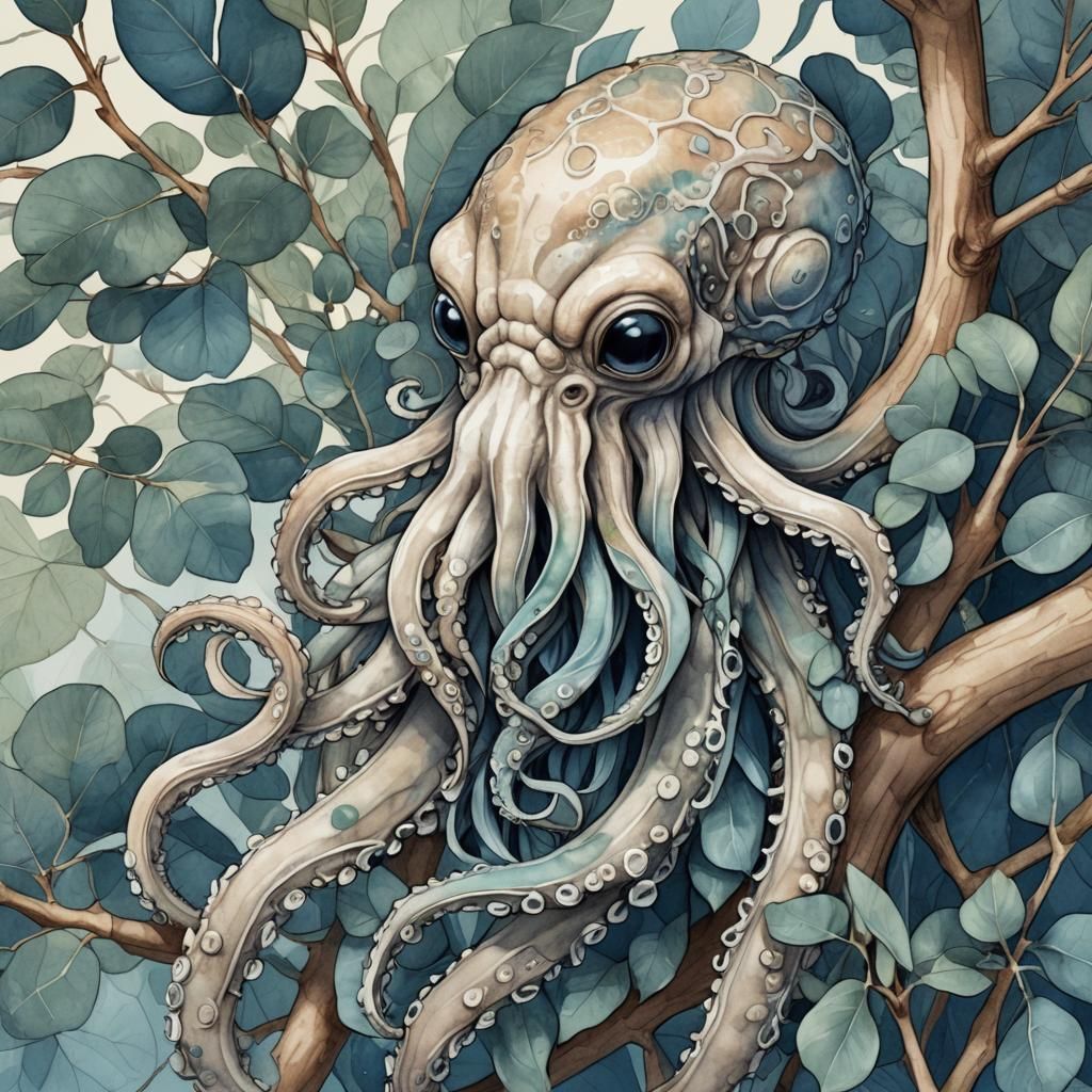 Koctopus in Eucalyptus: Detailed Digital Ink Sketch