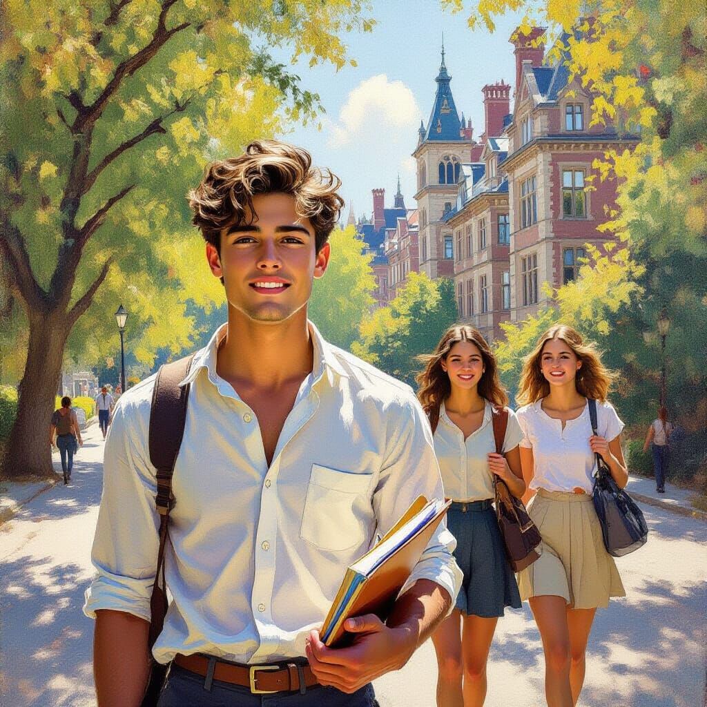 Impressionistic Oil Painting of University Student on Campus