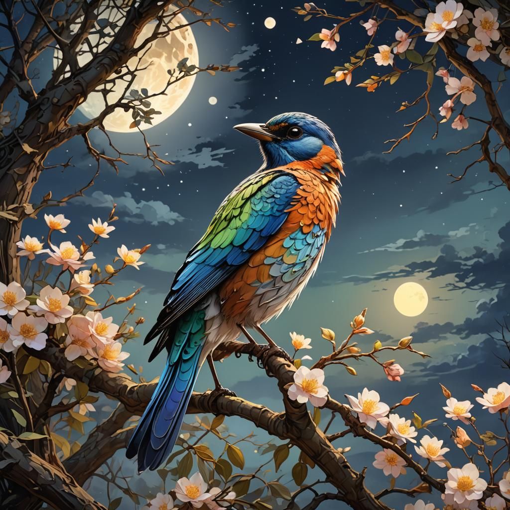 Colorful Bird Under Giant Moon, Watercolor Concept Art