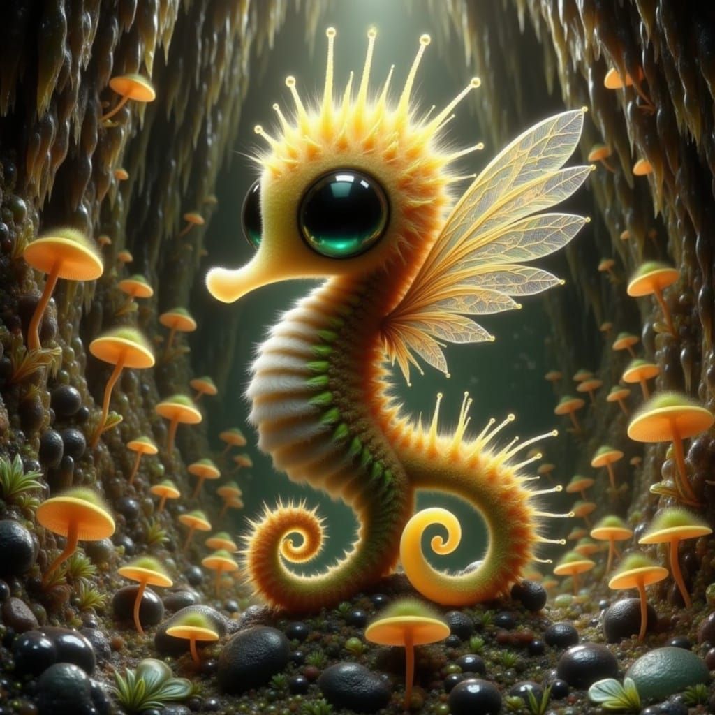 Golden Seahorse in Flight, Digital Art