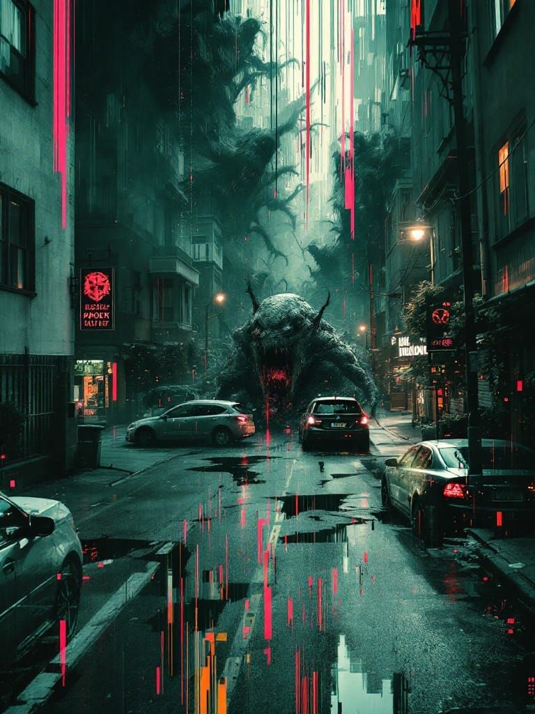 Distorted Reality Horror Scene in Glitch Art