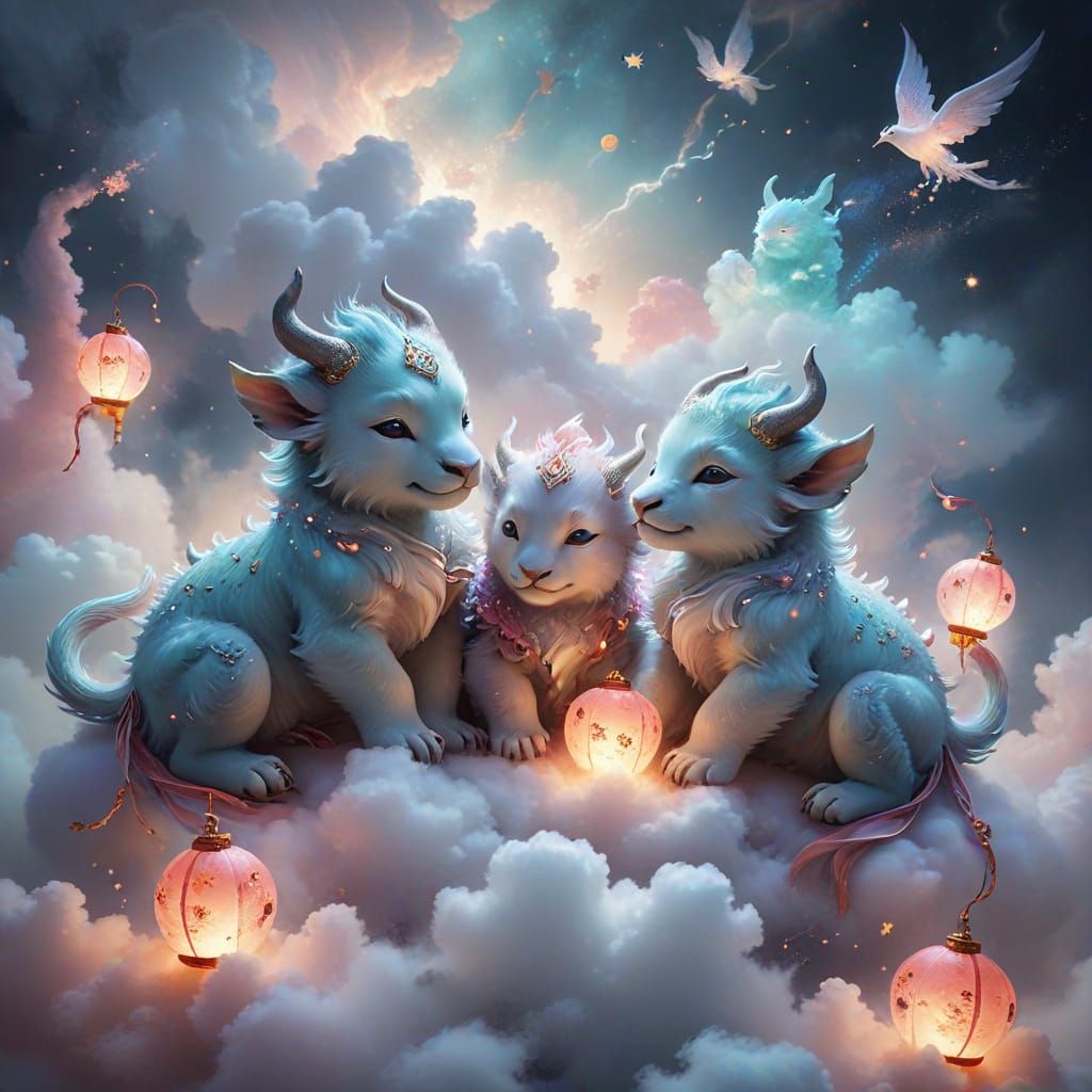 Divine Baby Guardian Beasts in Dreamlike Digital Art