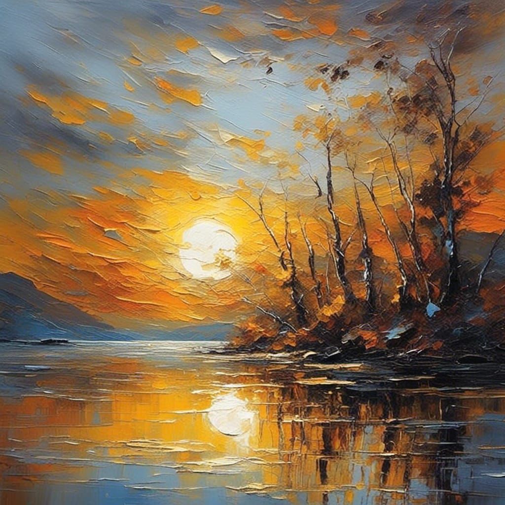 Golden Sunrise Over Lake in Kim Jung Man Style